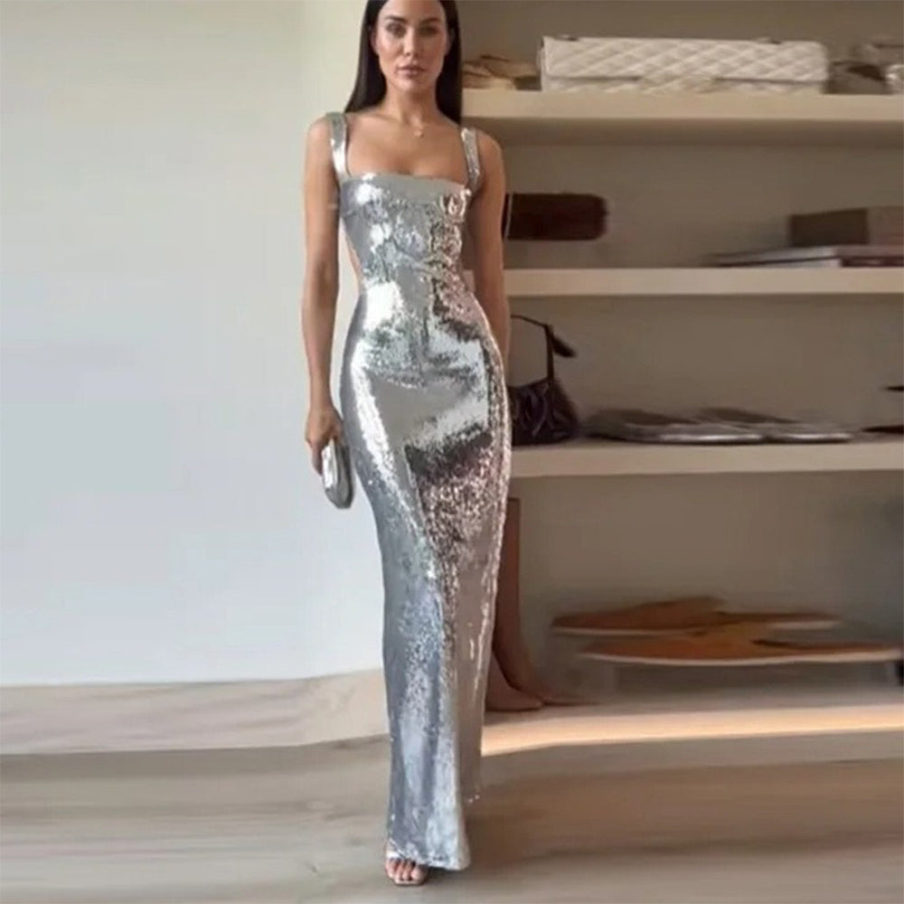 2024 Woman Fashion French High Feeling Silver Sequins Halter Sheath Dress Light Luxury Dinner Year Sexy Long Dresses EX-STOCK Canada