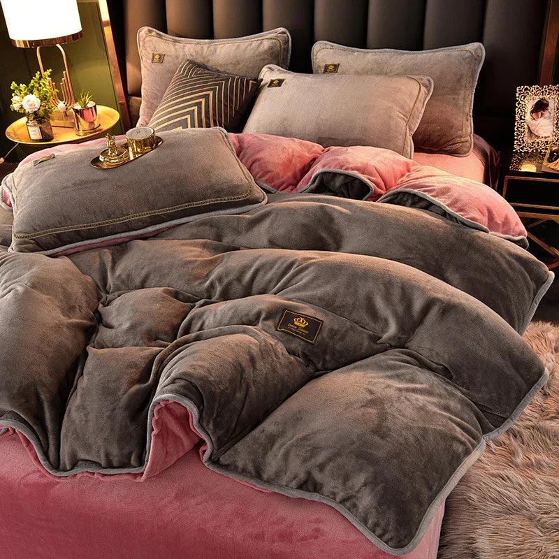 Juego de ropa de cama de franela coral de invierno gruesa, doble cara, con funda de edredónEX-STOCK Canada