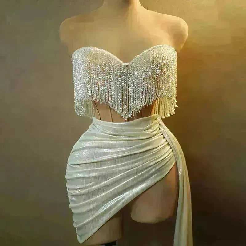 Abito da corsetto con fiume senza spalline Donnetta femminile Top Autfit della gonna a catena Rhinestone per evento da cocktail per feste serali