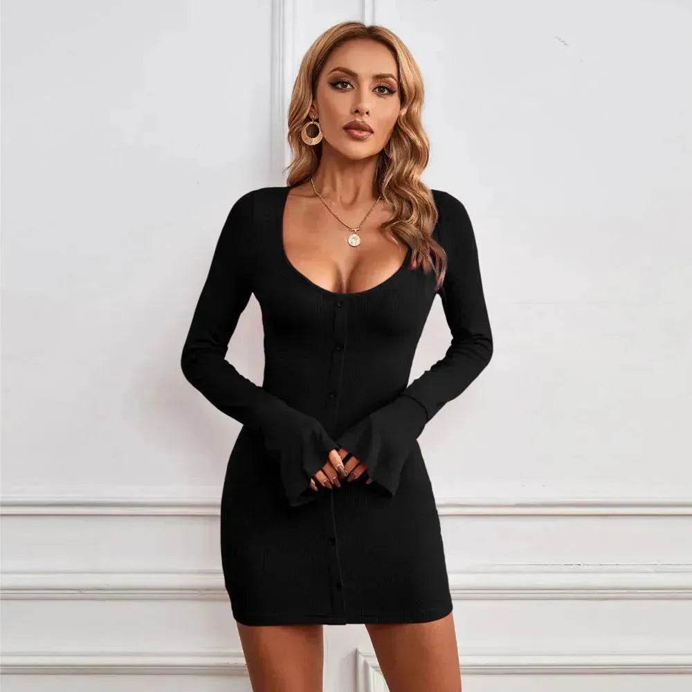 Chic Ladies Bodycon U-neck Long-sleeved Dress Charming Slim Hip-hugging Short Mini Dresses for Women - EX-STOCK Canada