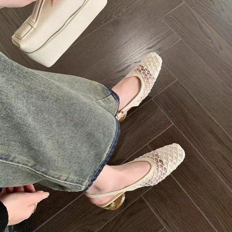 2025 Französische Retro Mary Jane Sandalen für Damen mit eckiger Spitze, Mesh, durchlochtenem Blockabsatz