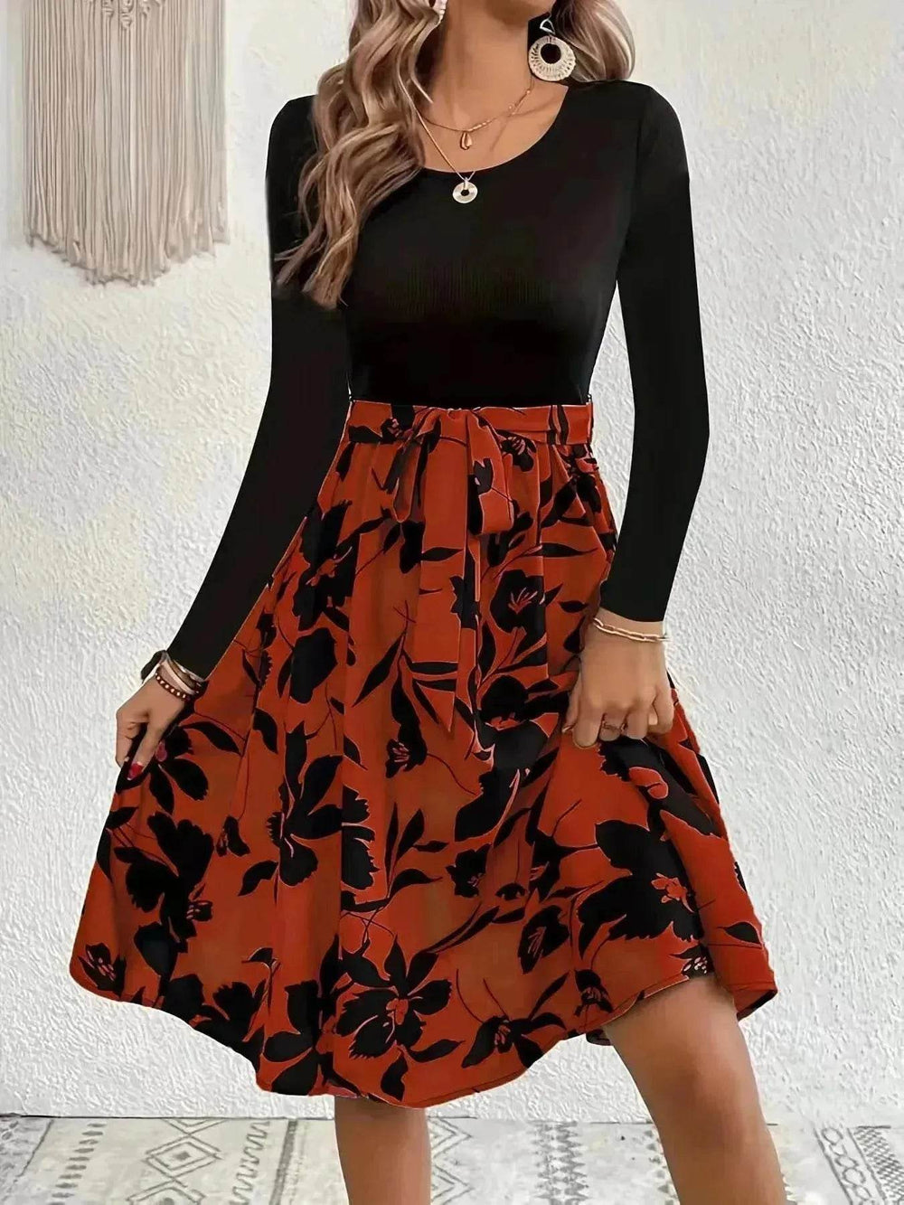 Floral Print Long Sleeve Skirt - Round Neck Flared Dress - EX-STOCK Canada