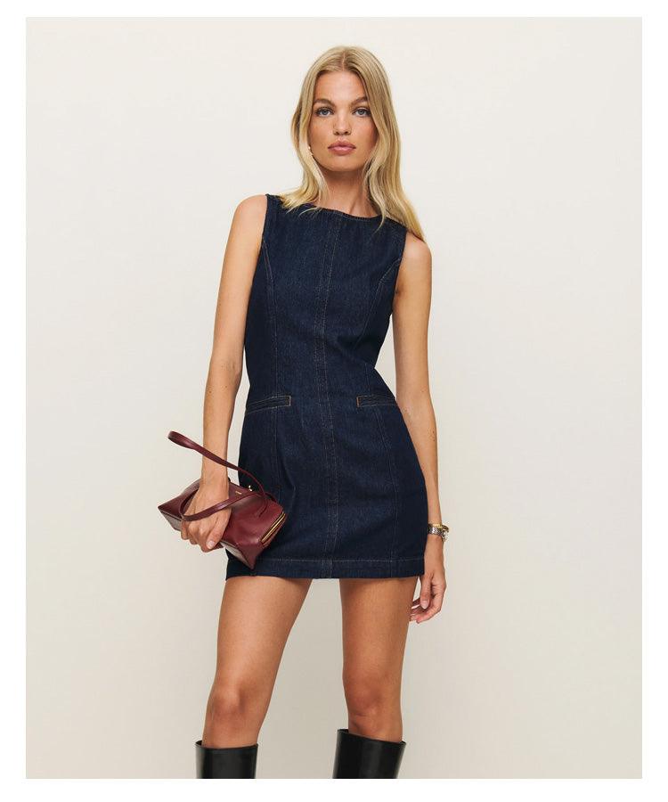 Französisches Mode-Rundhals-Skinny-Fit-Denim-Ärmelloses Kleid