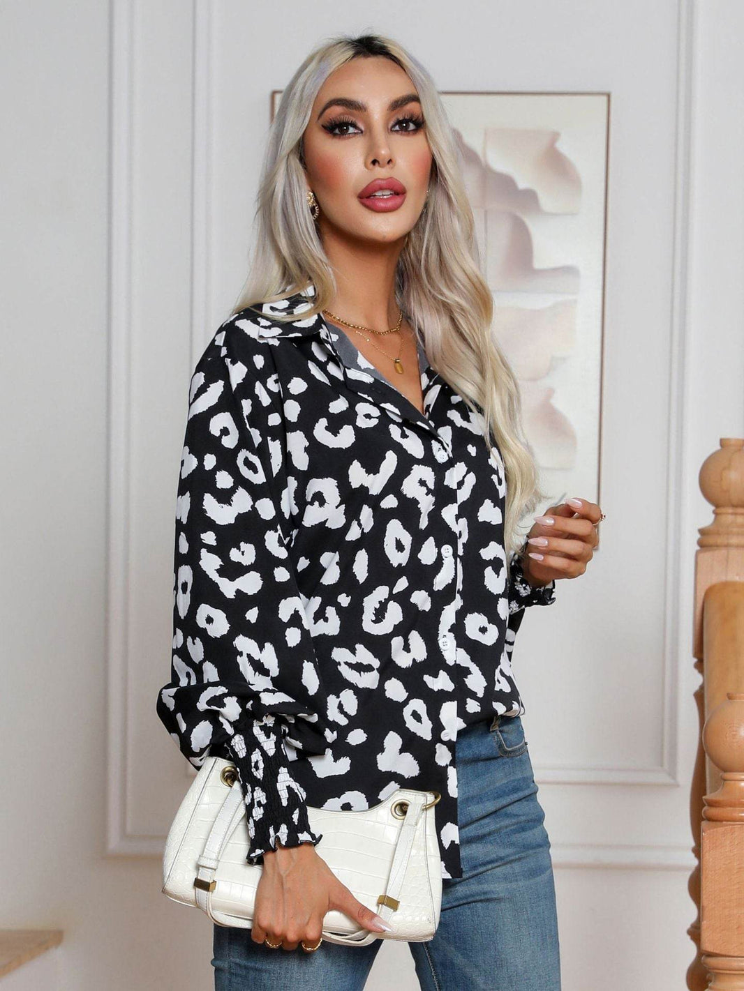 Leopard Print Lantern Sleeve Blouse Shirt top for Women - EX-STOCK Canada
