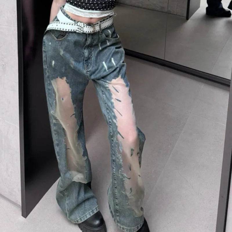 Retro Washed Ripped Baggy Jeans Pant For Women Summer Hollow Out - EX-STOCK Canada