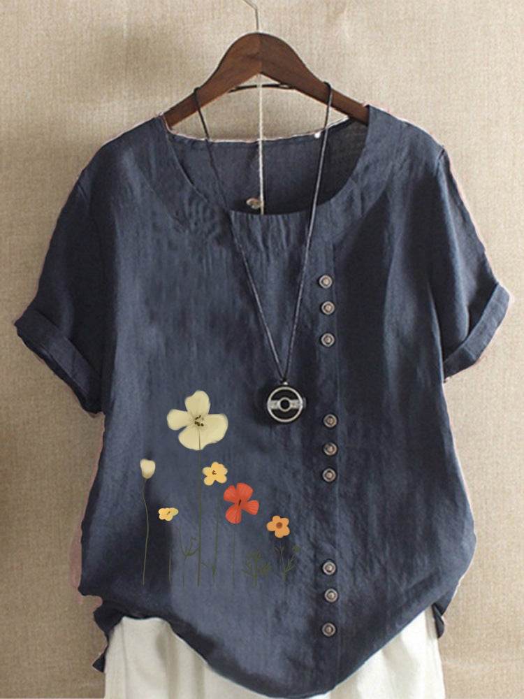 Casual Summer Beach Cotton And Linen Printed Elegant Short Sleeve blouse Top Women - EX-STOCK Canada