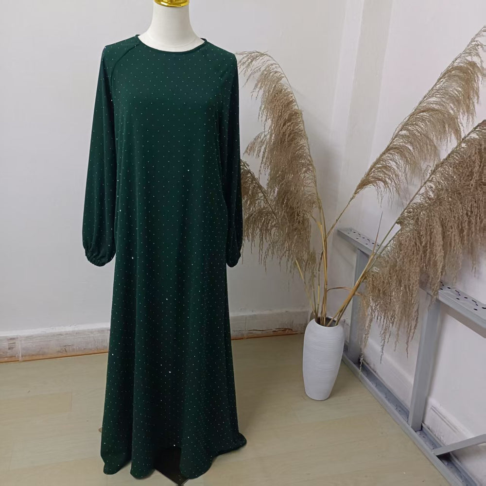 Muslim Rhinestone Dubai Round Neck Pullover Belt Dress - EX-STOCK Canada