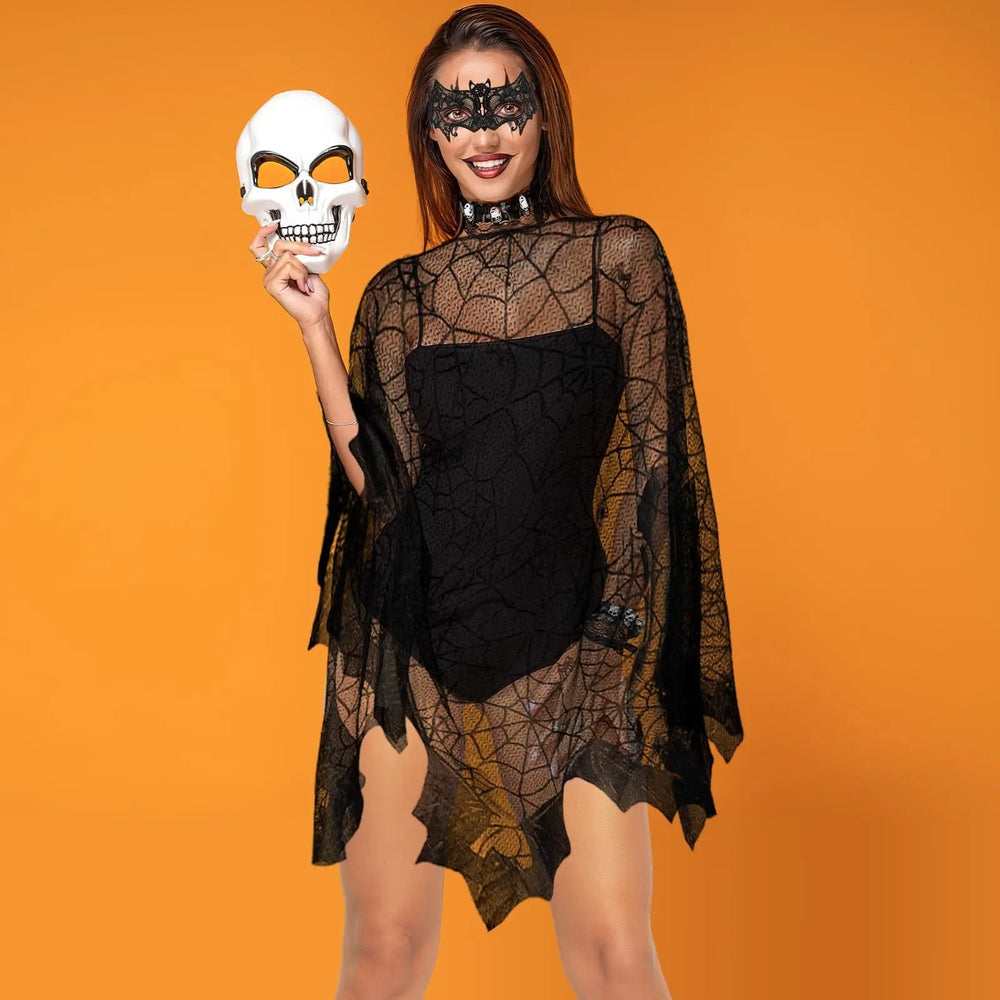 2 Pcs Halloween Poncho For Women Black Bat Spider Web Poncho And Lace Mask Masquerade Mask Halloween Party Cosplay Costume Accessory Day Of The Dead Costume,Cannot Be Listed On Amazon Platform - EX-STOCK Canada