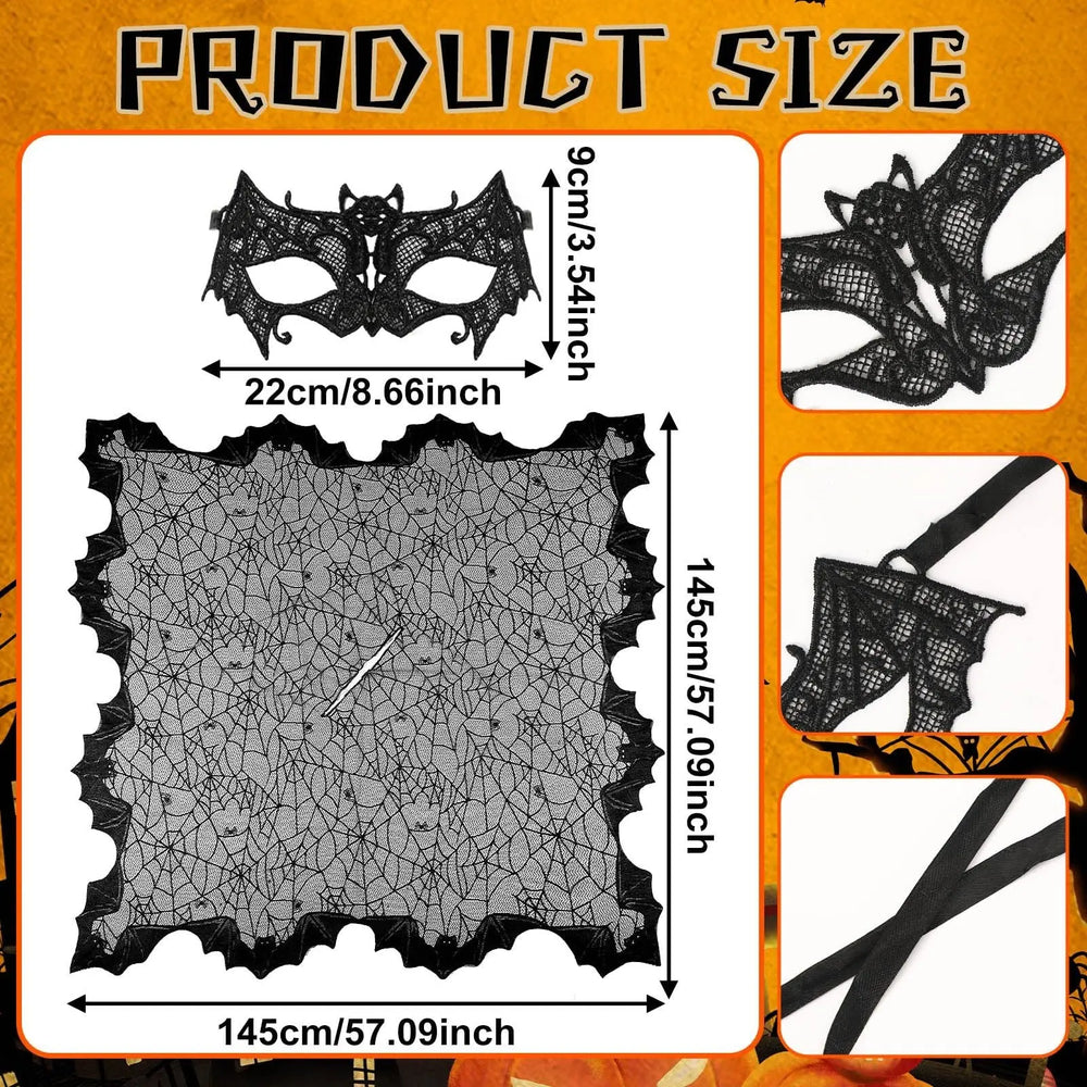 2 Pcs Halloween Poncho For Women Black Bat Spider Web Poncho And Lace Mask Masquerade Mask Halloween Party Cosplay Costume Accessory Day Of The Dead Costume,Cannot Be Listed On Amazon Platform - EX-STOCK Canada