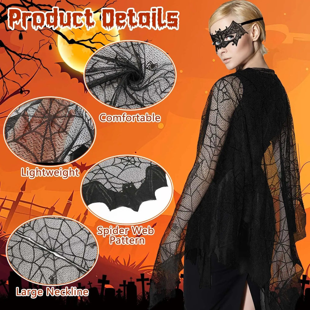 2 Pcs Halloween Poncho For Women Black Bat Spider Web Poncho And Lace Mask Masquerade Mask Halloween Party Cosplay Costume Accessory Day Of The Dead Costume,Cannot Be Listed On Amazon Platform - EX-STOCK Canada