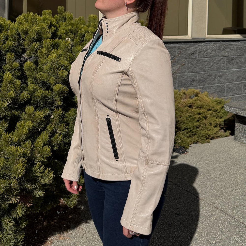 Women's Classic Lamb Leather Jacket. Round Collar with Studs, 4 Zippered Pockets & Shoulder Accent Stitching
