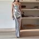2024 Woman Fashion French High Feeling Silver Sequins Halter Sheath Dress Light Luxury Dinner Year Sexy Long Dresses EX-STOCK Canada
