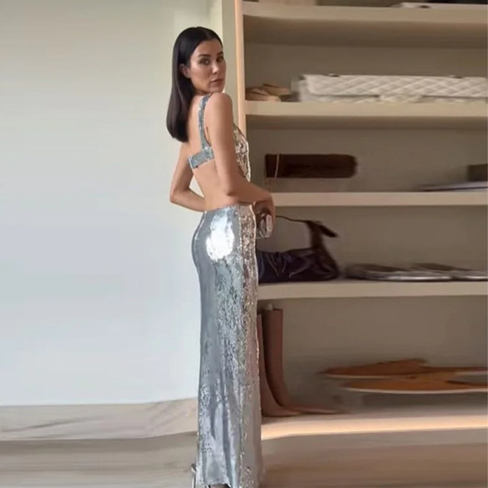 2024 Woman Fashion French High Feeling Silver Sequins Halter Sheath Dress Light Luxury Dinner Year Sexy Long Dresses EX-STOCK Canada