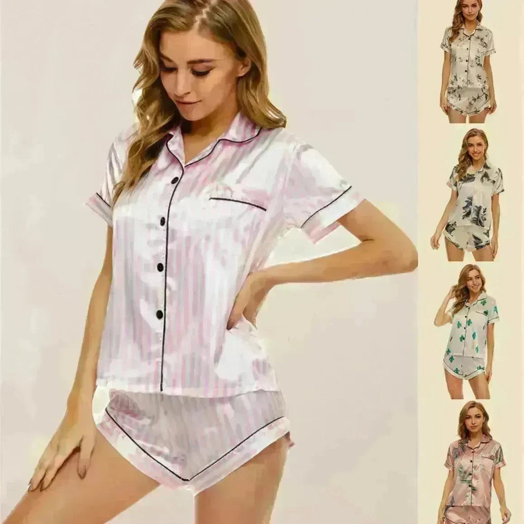 2024 Summer Satin Women Pajamas Print V-Neck Stretch Lingerie Sleepwear Casual Shorts Set Loungewear - EX-STOCK CANADA