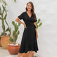 2025 Summer Solid Color Long Short Sleeve V-neck High Waist Tied Midi Dress - EX-STOCK Canada