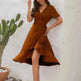 2025 Summer Solid Color Long Short Sleeve V-neck High Waist Tied Midi Dress - EX-STOCK Canada