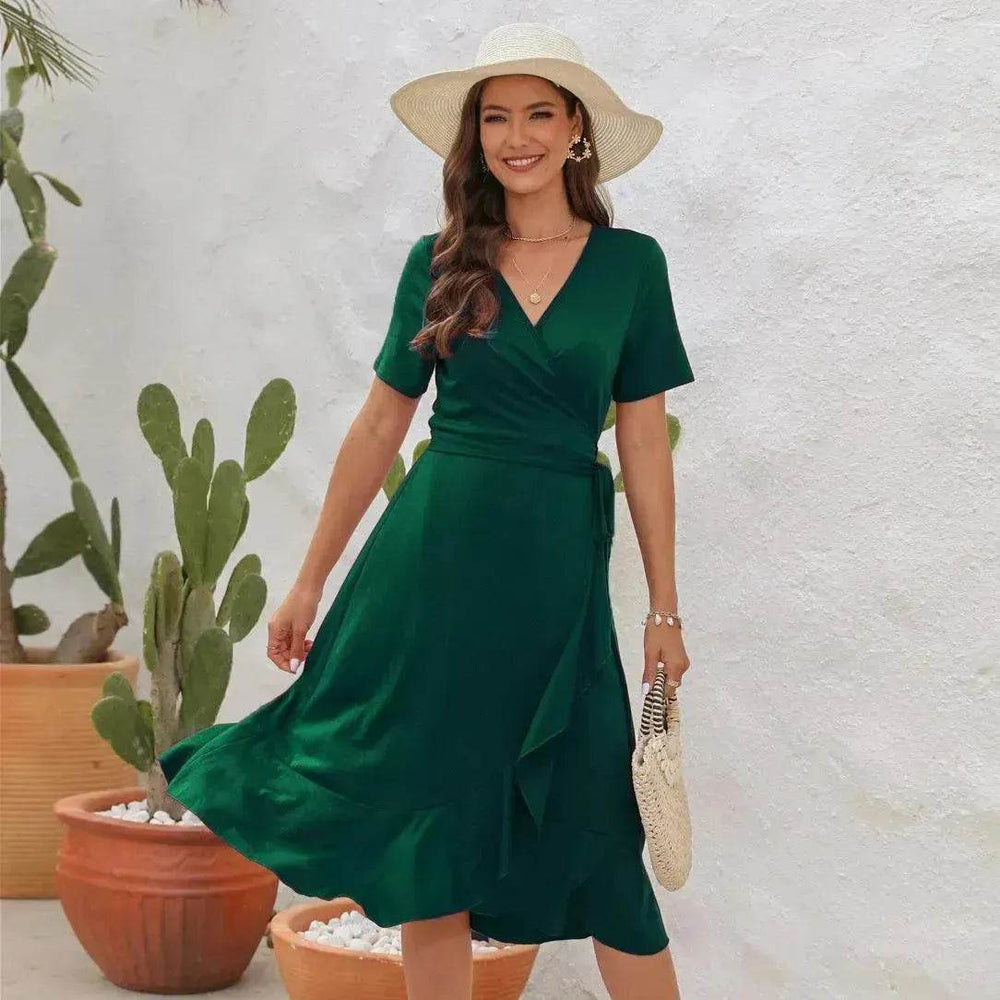 2025 Summer Solid Color Long Short Sleeve V-neck High Waist Tied Midi Dress - EX-STOCK Canada