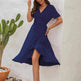 2025 Summer Solid Color Long Short Sleeve V-neck High Waist Tied Midi Dress - EX-STOCK Canada