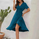 2025 Summer Solid Color Long Short Sleeve V-neck High Waist Tied Midi Dress - EX-STOCK Canada