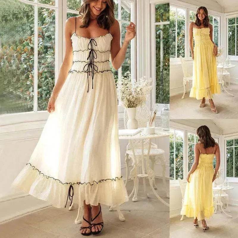 2025 Summer Suspender Spaghetti Strap Long Dresses With Bow Pleat Design Fashion Sweet Bow Beach Dress For Womens Clothing - EX-STOCK Canada
