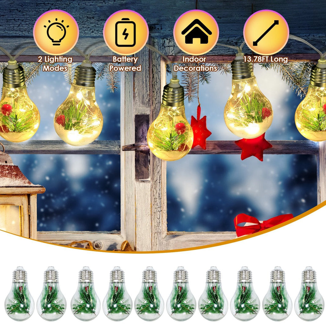 1Pc 13.78FT Christmas Snow Globe String Light Battery Powered 10 LED Bulbs Indoor Christmas Lights With Pine Needles Snowflakes Berries EX-STOCK