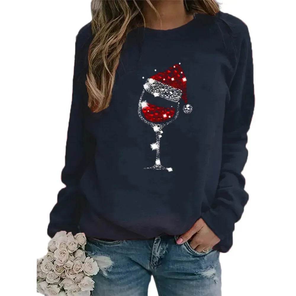 Clothing Christmas Women's Sweater Christmas Hat Red Wine Glass Graphic Print Crew Neck Long-sleeved Sweater - EX-STOCK Canada