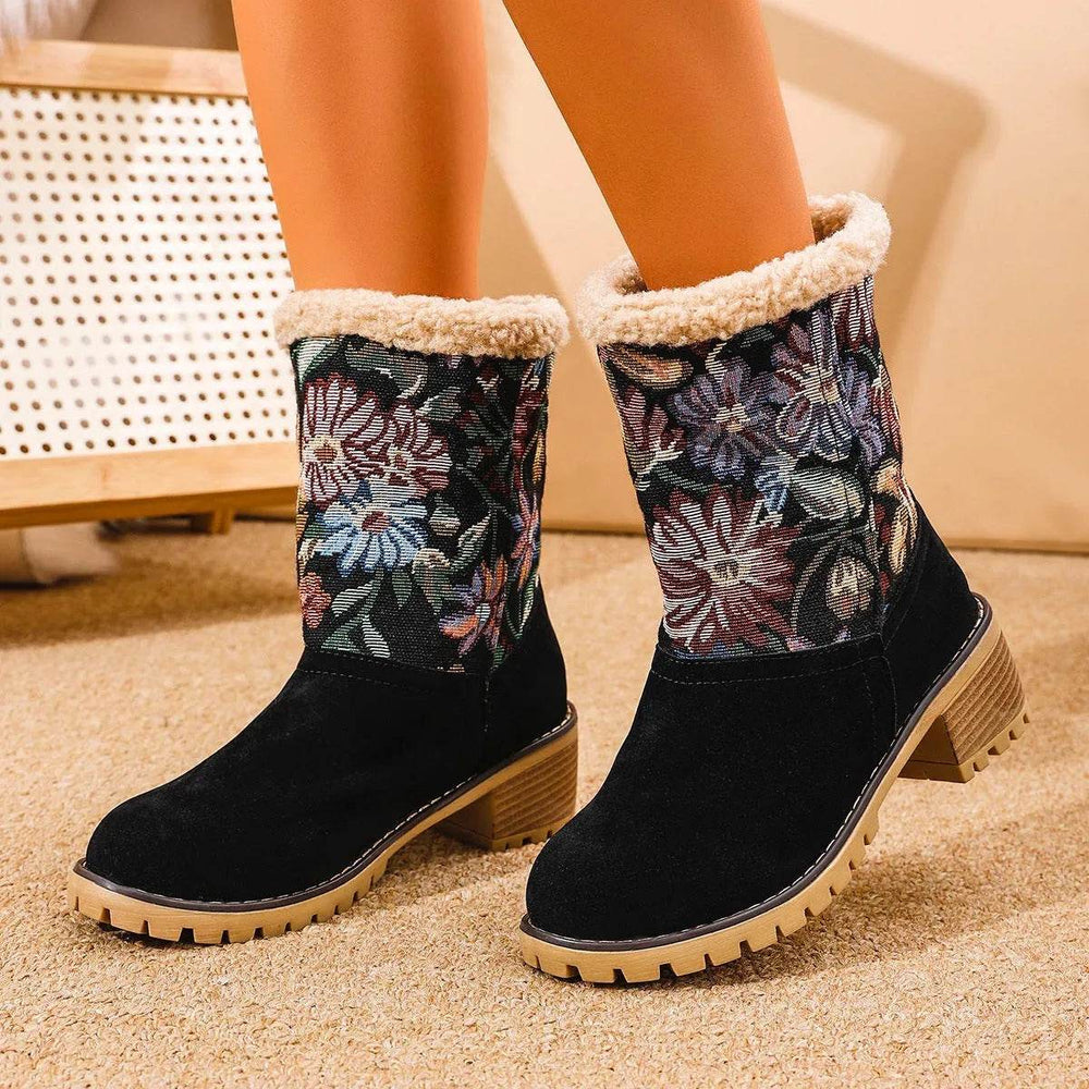 Flowers Embroidered Snow Boots Ethnic Style Platform Thick Square Heel Mid-tube Boot Winter Warm Cotton Shoes For Women - EX-STOCK Canada