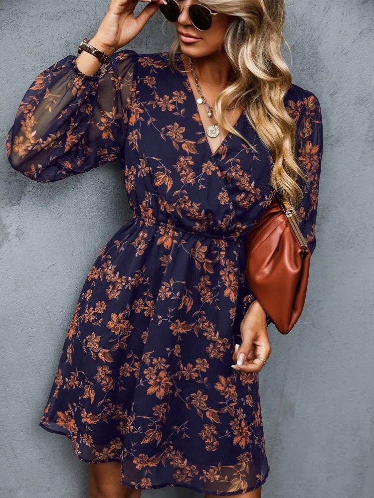 Casual V-neck Summer Spring Long Sleeve Floral mini Chiffon Dress - EX-STOCK Canada