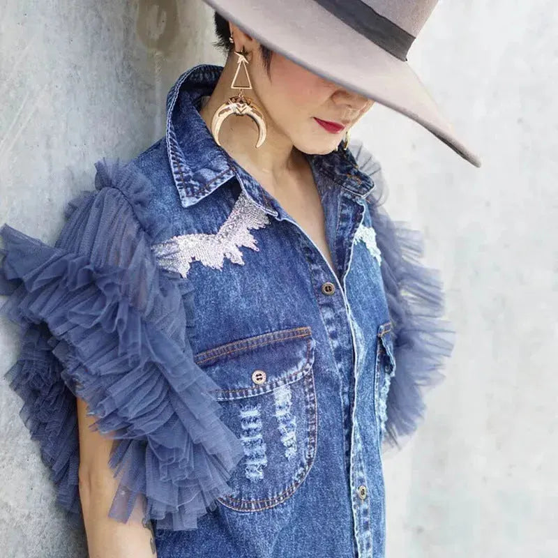 Single Breasted Lapel Frayed denim jacket Clothing top women - EX-STOCK CANADA
