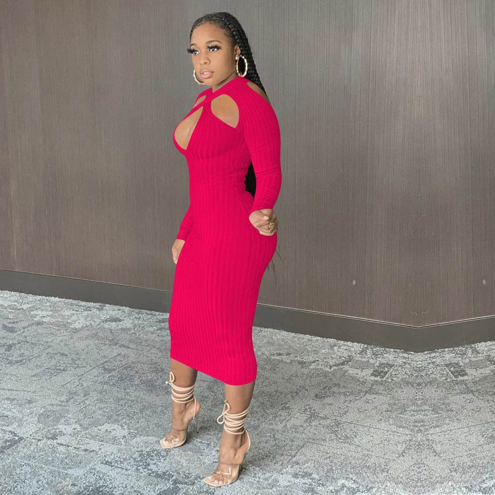 Chic V-neck Long Sleeve Midi Party Club Bodycon Pencil Dress - EX-STOCK Canada