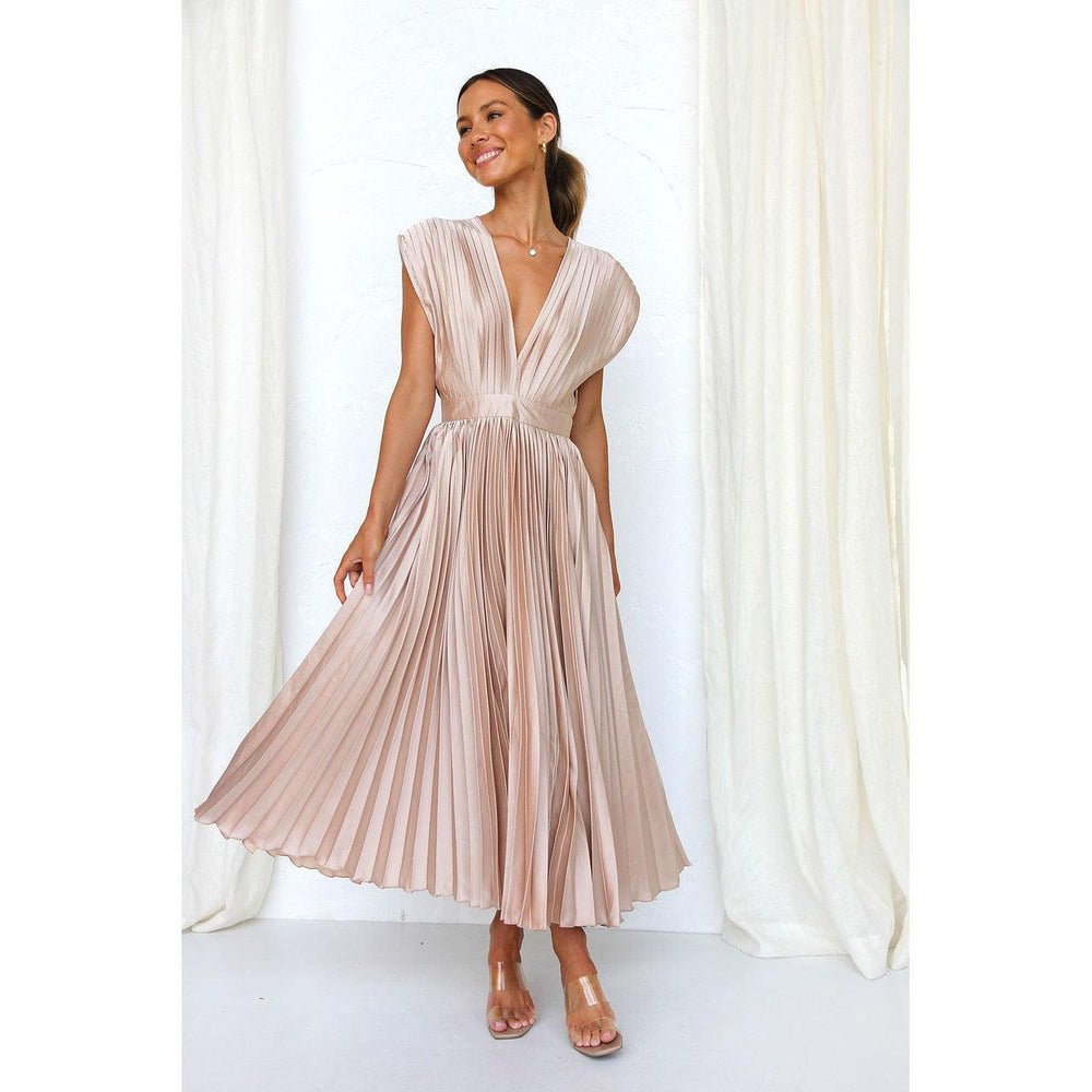 Robe d'été plissée à col en V Mode INS Décontractée Ample Robe sans manches avec fermeture éclair pour femmes Vêtements