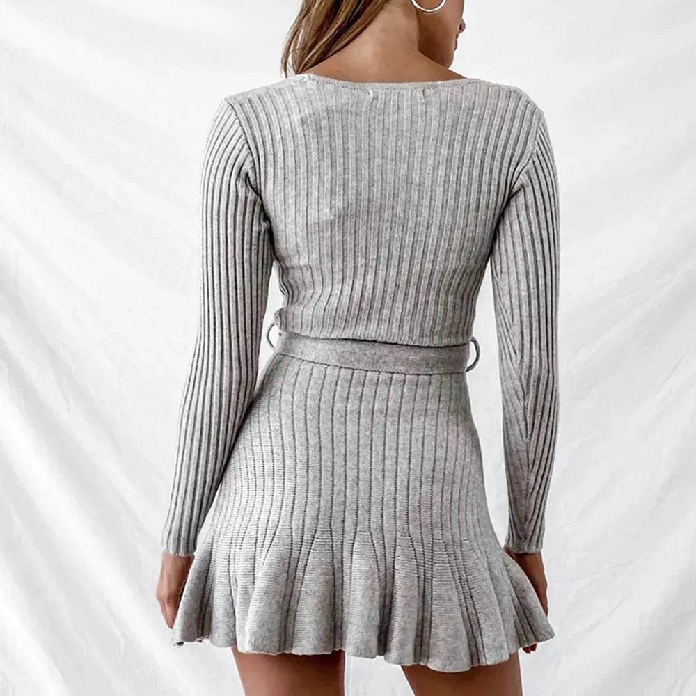 Autumn Winter V-neck Mini Flared Wrap sweater dress - EX-STOCK Canada