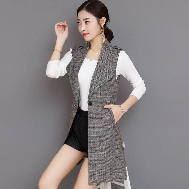 Plaid Long Blazer Vest Women Sleeveless Jacket - EX-STOCK Canada