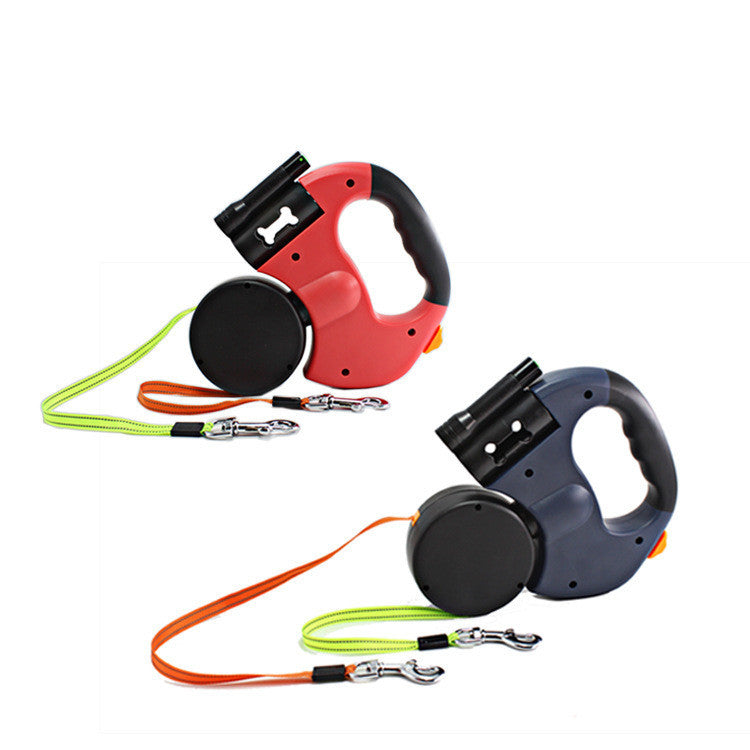 Dual Headed Pet Leashes with Flashlight Garbage Bag Box Automatic Retractable Dogs Traction Rope EX-STOCK Canada