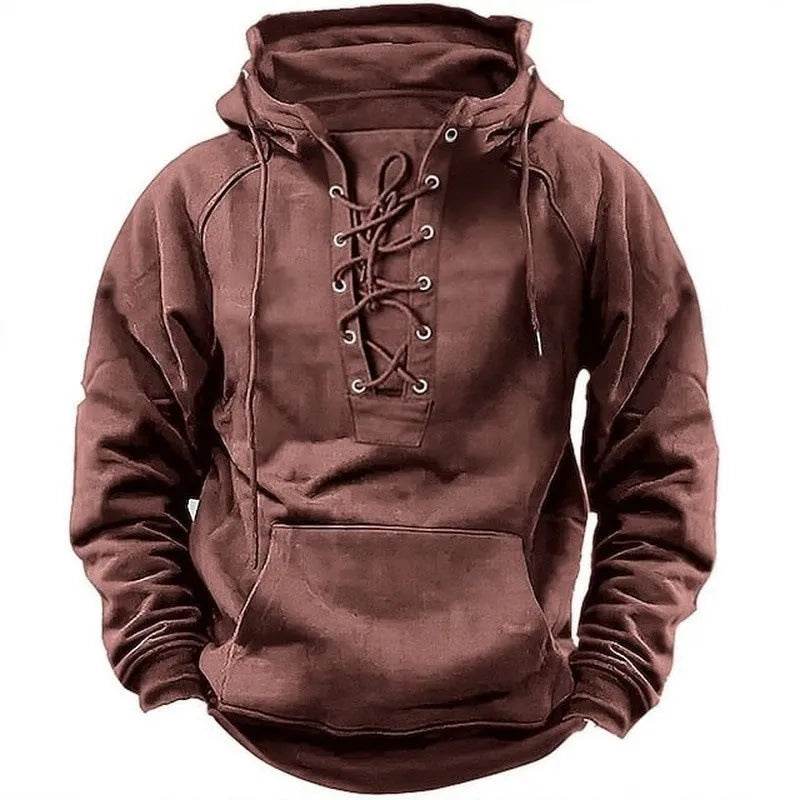 Men's Outdoor Retro Lace-up Hooded Long-sleeved T-shirt Casual Pullover top sweatshirt - EX-STOCK Canada