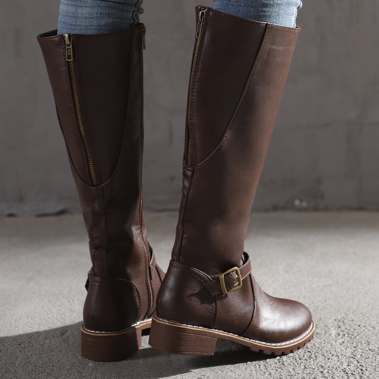 Women's Knee-High Riding Boots – Buckle Strap, Back Zipper | Brown, Black, Tan