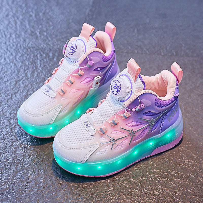 Pair of colorful LED sneakers on a reflective surface
