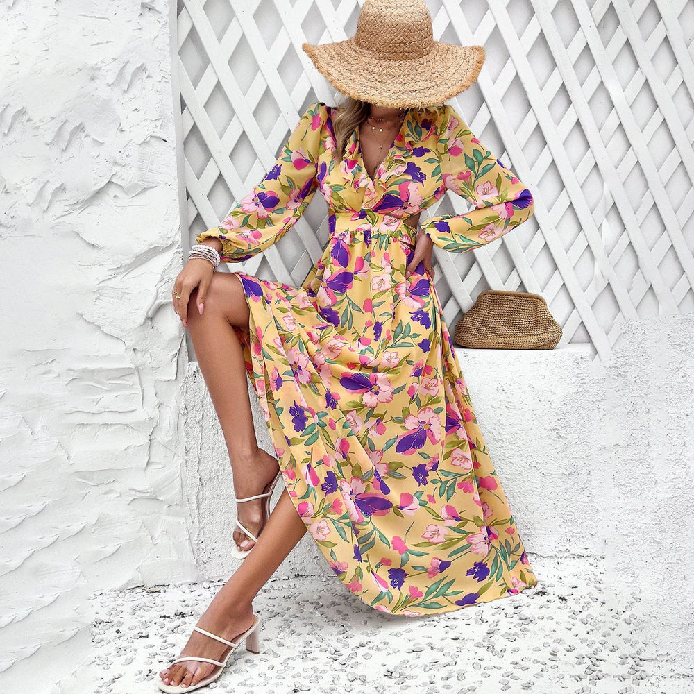 Fashion Florals Print Long Sleeve Dress Casual Holiday Tight-waisted V-neck Dresses Women Clothing - EX-STOCK Canada