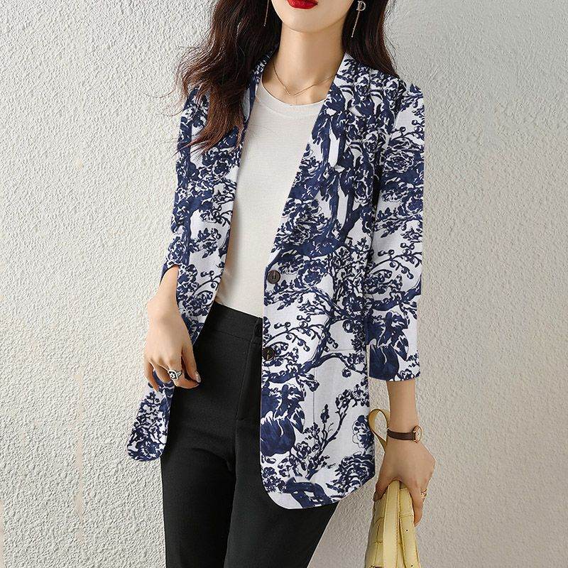 Women's Button Printed Long-sleeved Pocket Vintage Cotton And Linen jacket Blazer - EX-STOCK Canada
