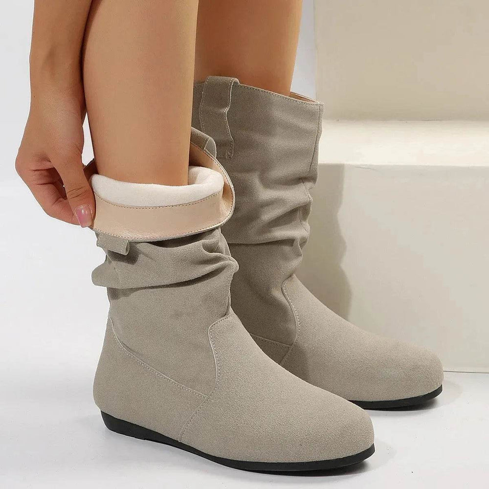 Round Toe Flat Boots Fashion Solid Color Suede Mid-calf Boot Winter Warm Shoes For Women - EX-STOCK Canada