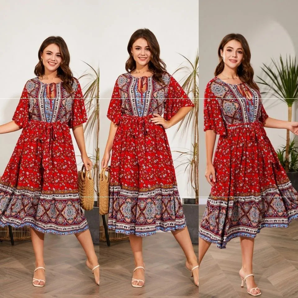 Modest Plus Size Summer dress V Neck Midi Beach boho Dress - EX-STOCK CANADA