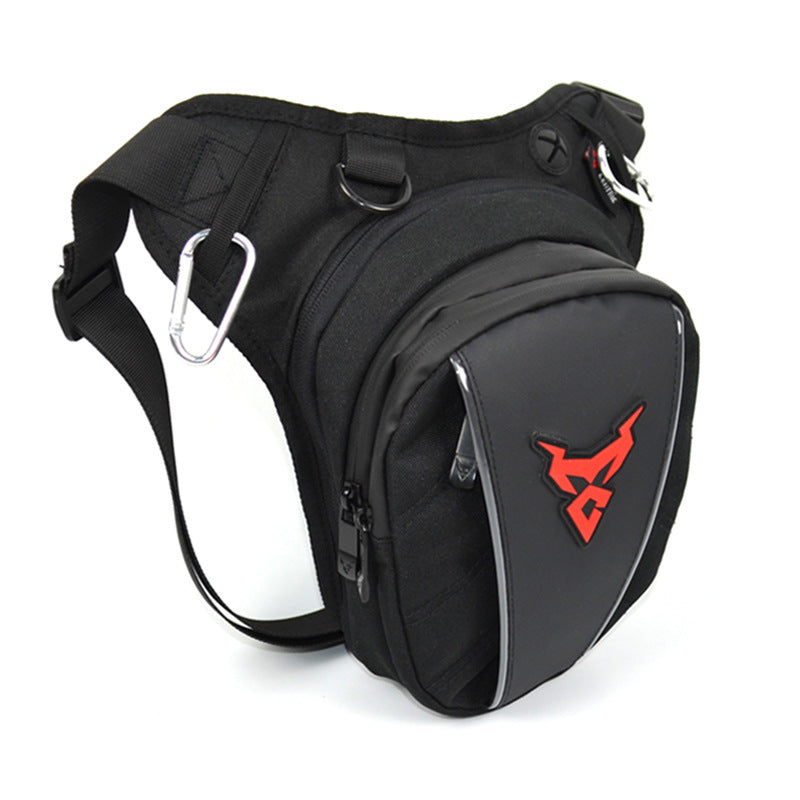 Black waist bag with a red logo on a white background