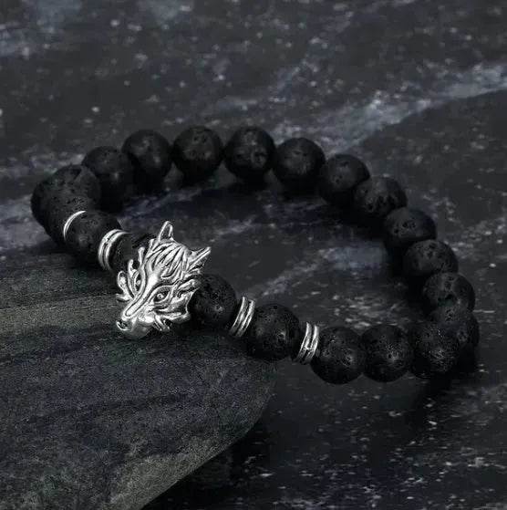 Asgard Crafted Grey Wolf Head And Lava Stone Bracelet - EX-STOCK Canada