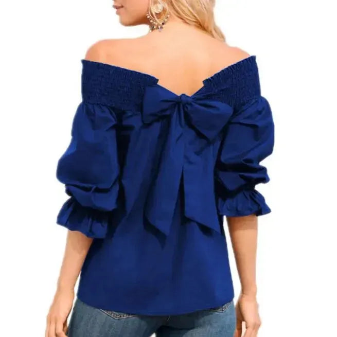 Spring Summer Women Off Shoulder Strapless Blouse top Bowknot Slash Neck Casual Loose Plus Size top - EX-STOCK CANADA
