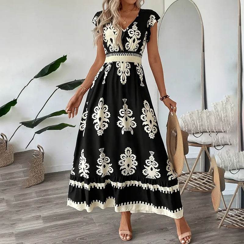 Women's Summer Flowy Maxi Dress Casual Cap Sleeve V Neck Smocked Waist Beach Sundress - EX-STOCK Canada