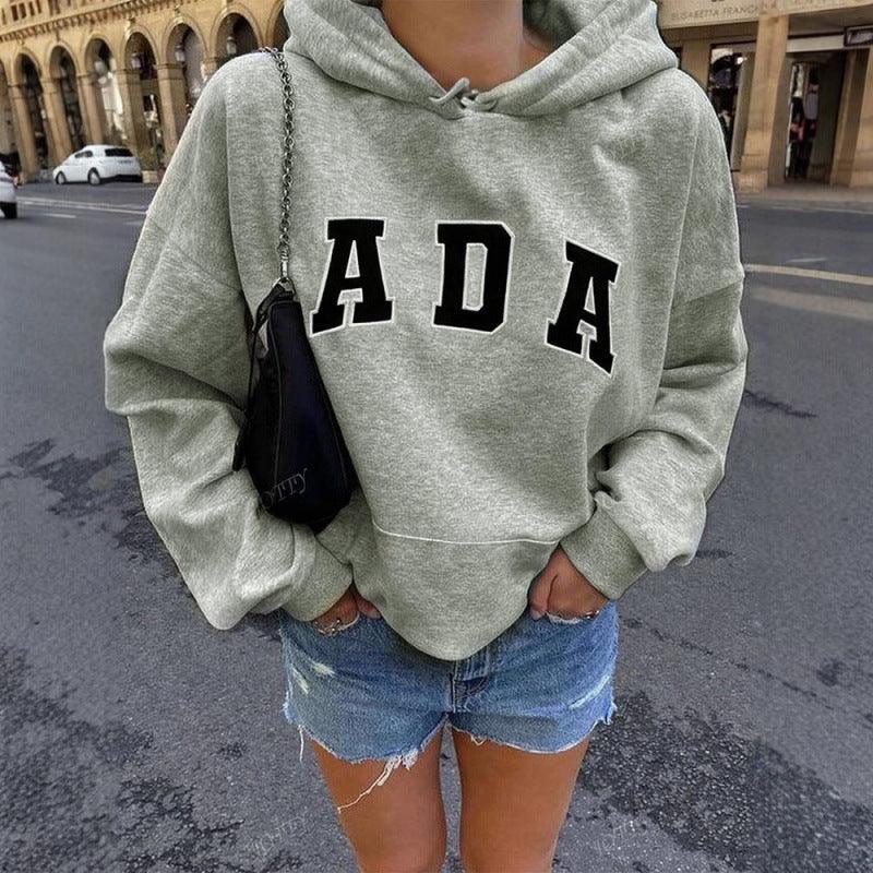 Felpa con cappuccio casual e versatile con lettere, linea ampia, con fodera in pile per donnaEX-STOCK Canada