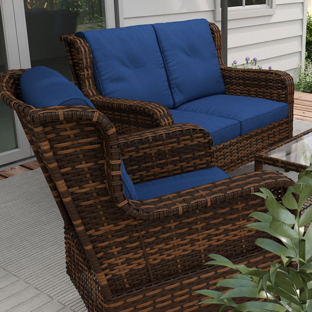 4-teiliges Rattan-Gartenmöbel-Set, Gesprächsset mit drehbaren Schaukelstühlen, Tisch und Zweisitzer für Garten, Terrasse, BlauEX-STOCK Canada