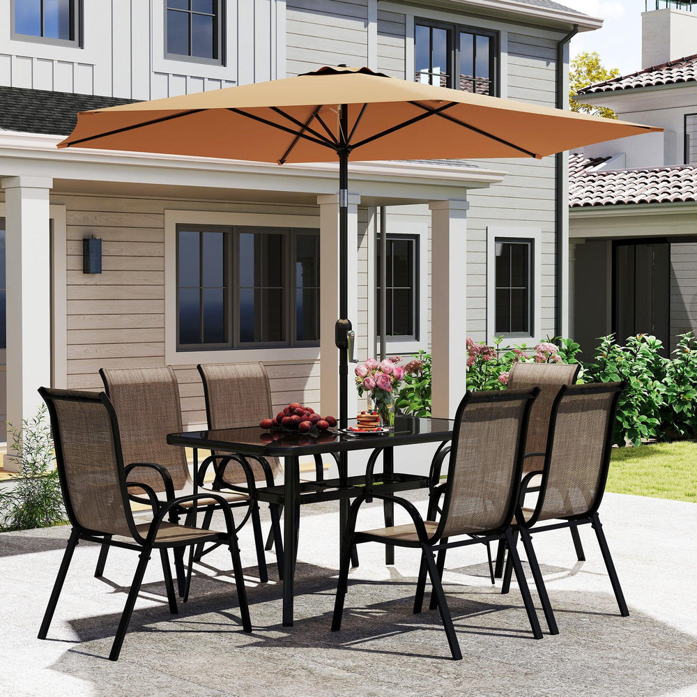 8 Pieces Patio Furniture Set with 9Ft Patio Umbrella, Outdoor Dining Table and Chairs, Light Mixed Brown EX-STOCK Canada