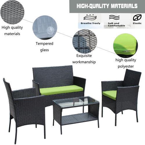 Juego de mobiliario de patio de ratán de 4 piezas, sofá de mimbre con cojines para patio exterior, cojín verdeEX-STOCK Canada