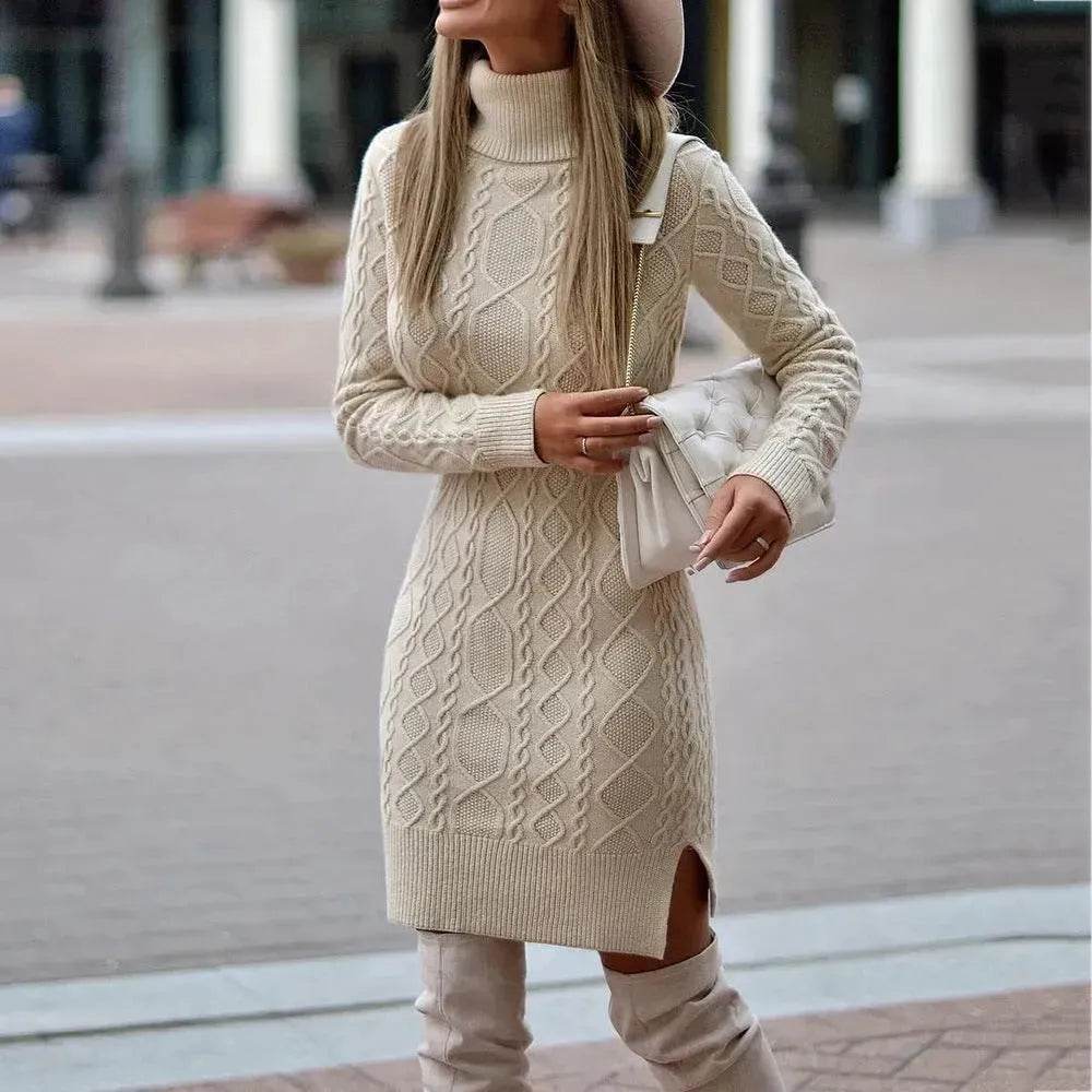 Autumn Winter Mini Slim fit Twist thick knitted Turtleneck sweater dress - EX-STOCK Canada